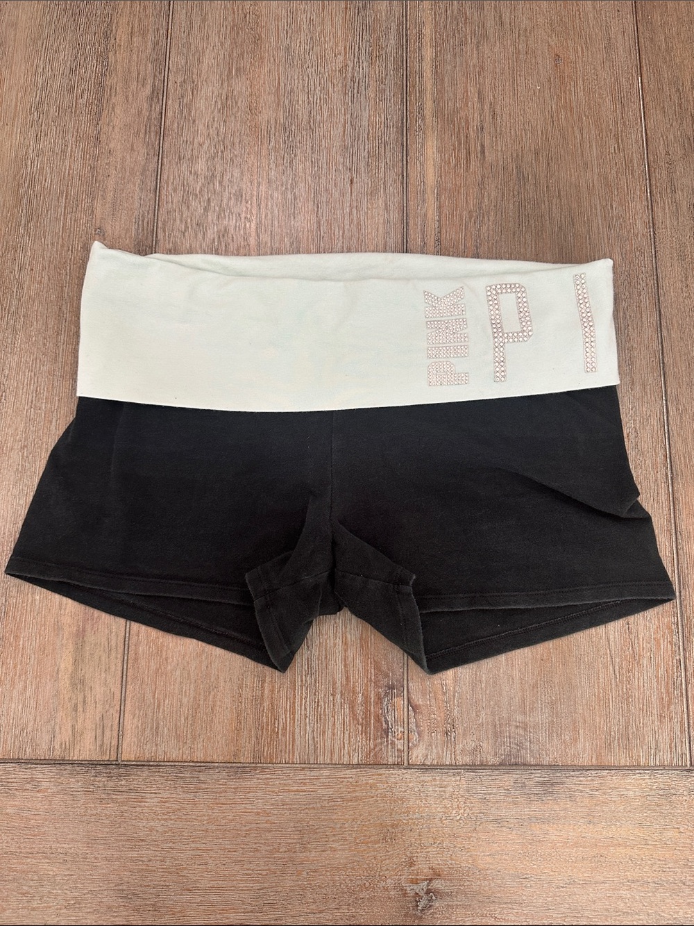 PINK Victoria's Secret Y2K Mint & Black Rhinestone Logo Shorts | Size Large